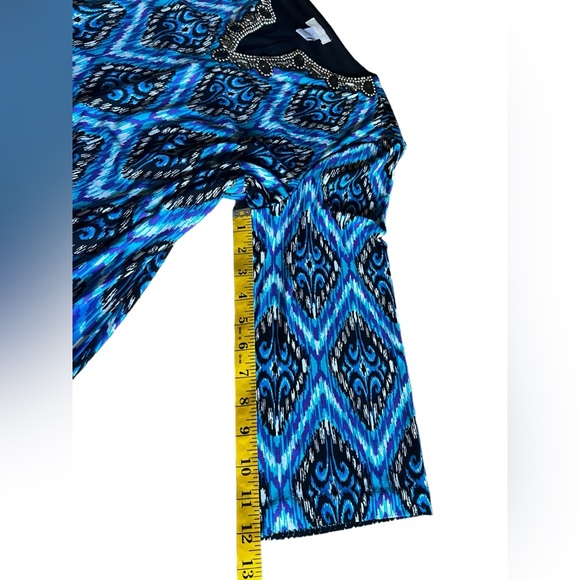 CHICO'S Embellished Neckline Lexi Blue Midi Dress Beaded V-Neck Size M / 12 Ikat - Picture 8 of 11